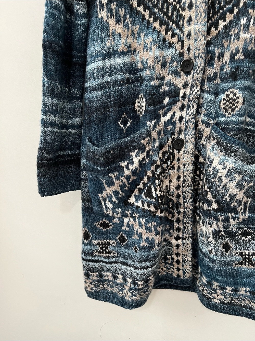J. Jill Southwestern Aztec Long Cardigan Sweater Duster Blue Boho Knit Jacket S - Picture 3 of 10